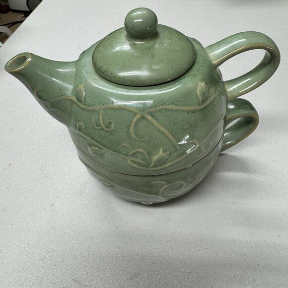 Pier 1 Tea One 3 Pc. Stoneware Teapot & Cup Set Raised Design Sage Green. - Picture 1 of 7
